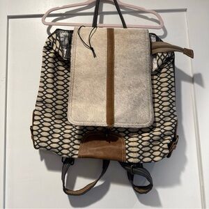Myra Bag Western Backpack Upcycled Leather Canvas Cowhide Zip Flap Hair On, Boho